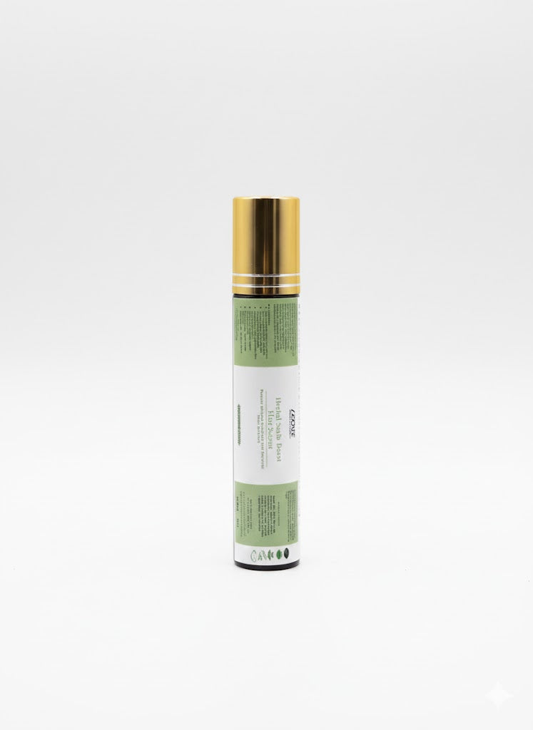 Herbal boost scalp serum bottle with green label and gold cap on a white background