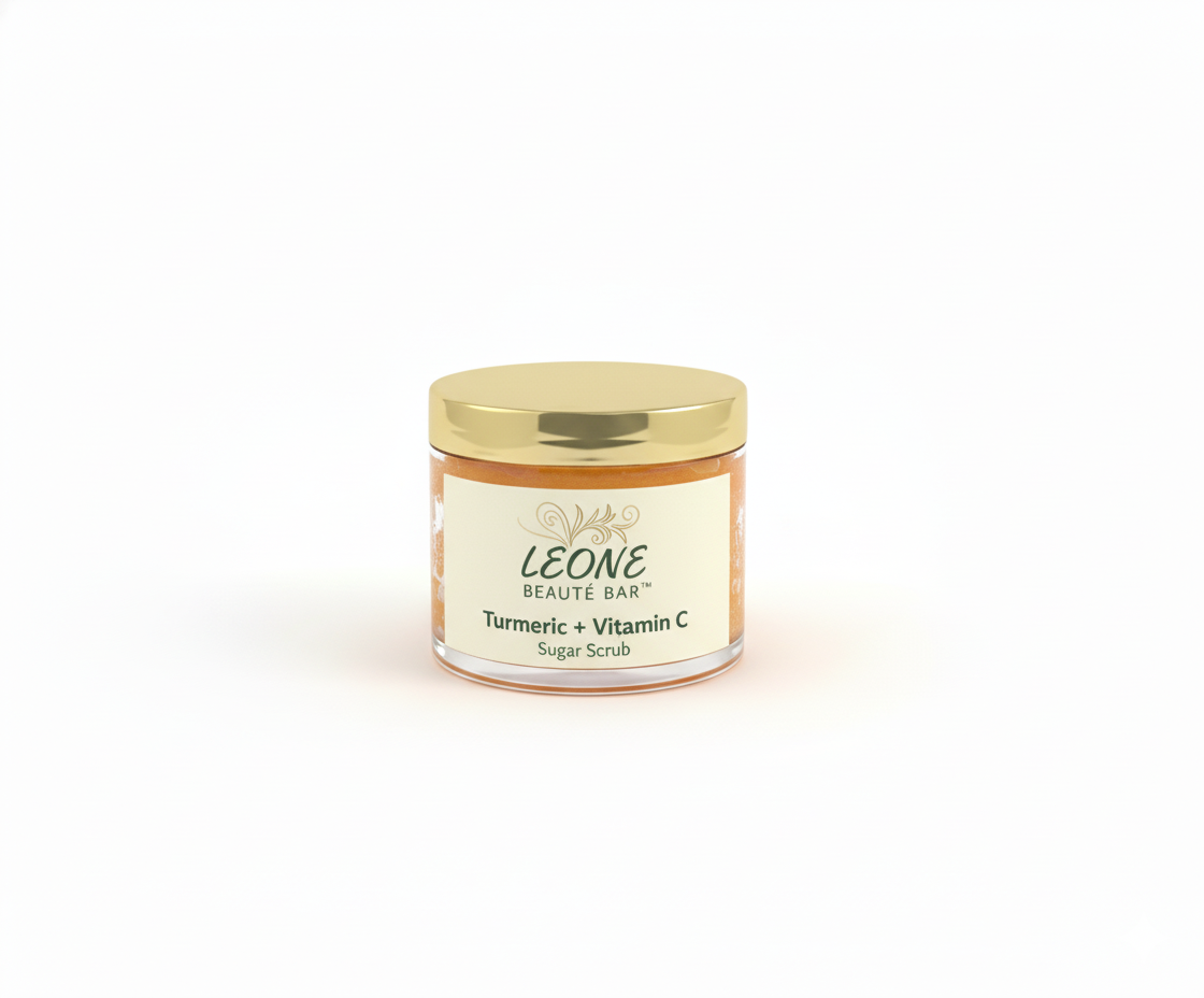 Jar of Leone Beaute Bar Turmeric + Vitamin C Sugar Scrub on a white background