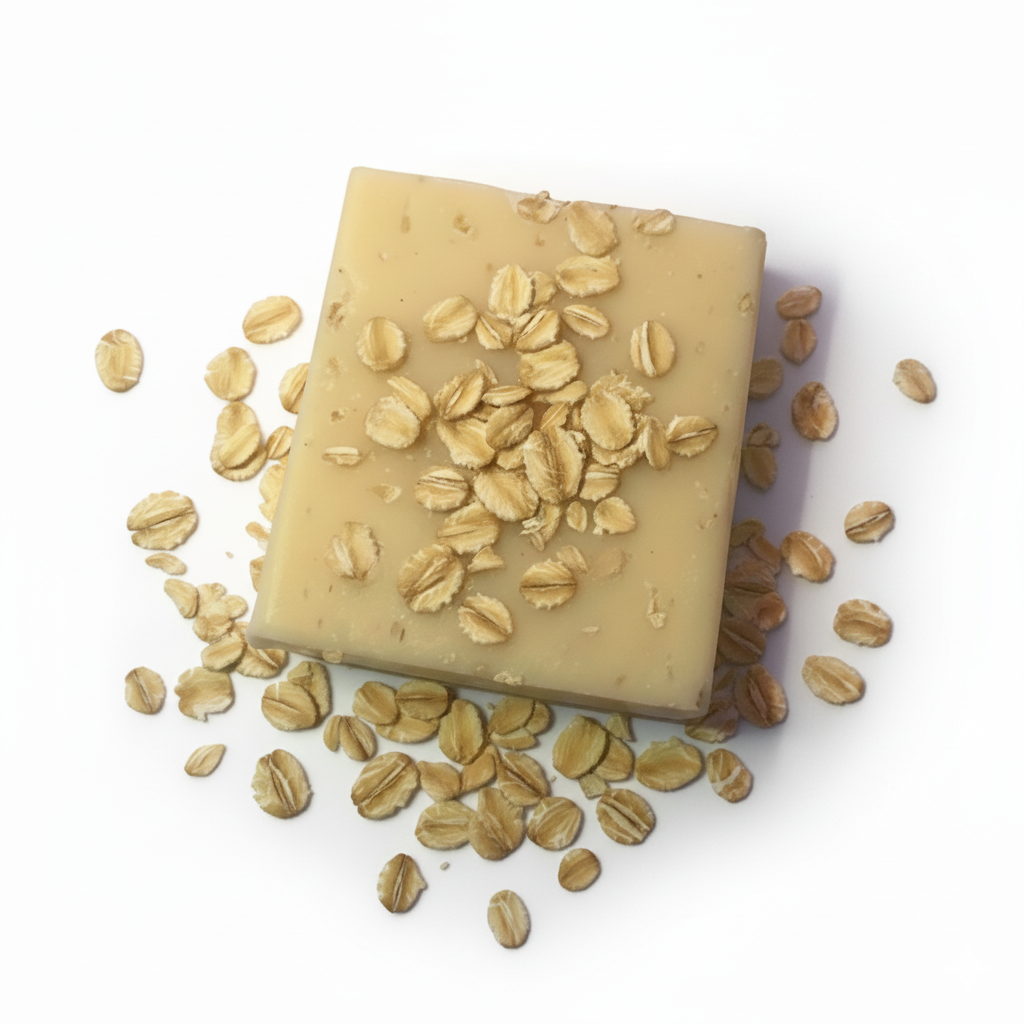 Honey Turmeric Bar of soap with rolled oats on a white background