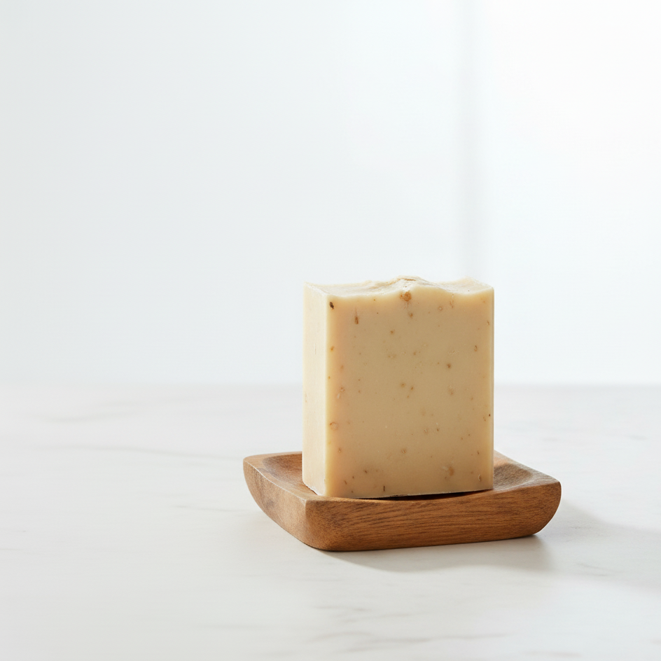 turmeric honey bar of soap on a wooden soap dish against a white background