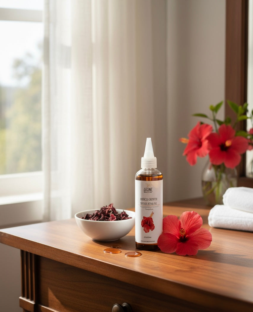 Bottle of Hibiscus stimulating hair growth oil product on a wooden surface with flowers and a bowl.