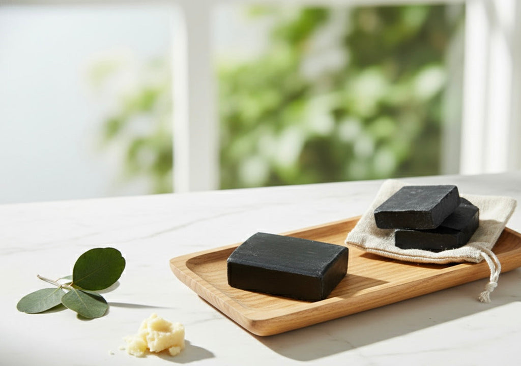 Three bars of black soap on a wooden tray with greenery in the background