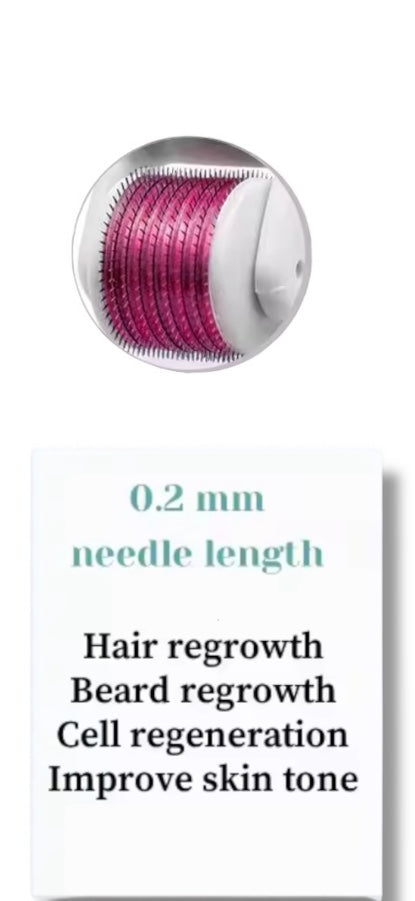 Hair regrowth product with needle length label on a white background