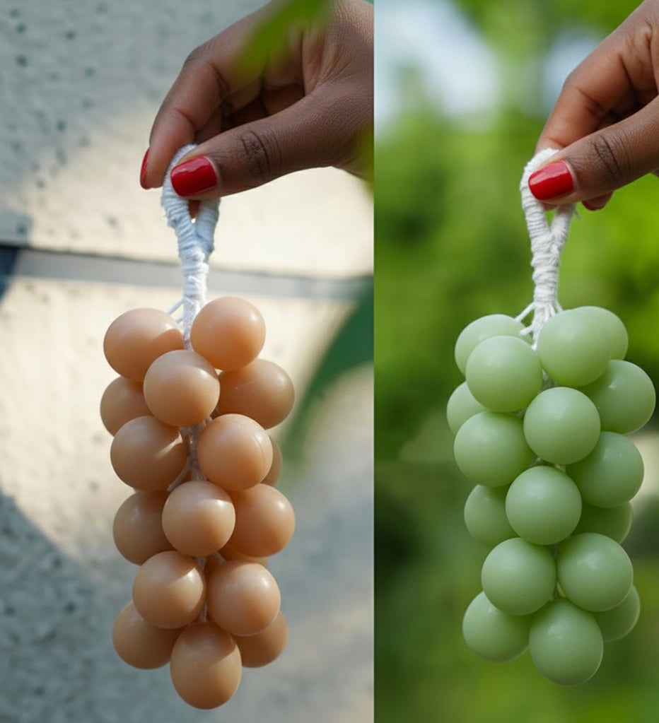 Two images showing a hand holding a white rope with beige and green grape-like objects.
