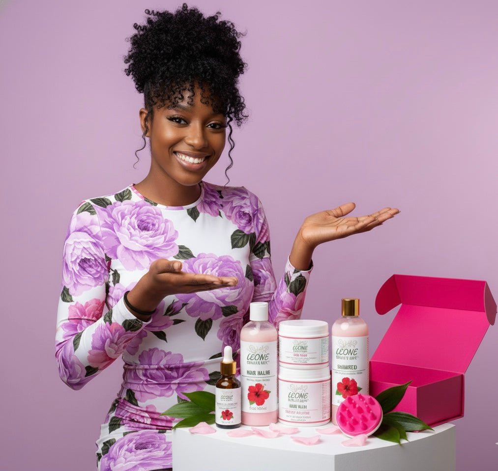 Woman in a floral dress with skincare products on a purple background
