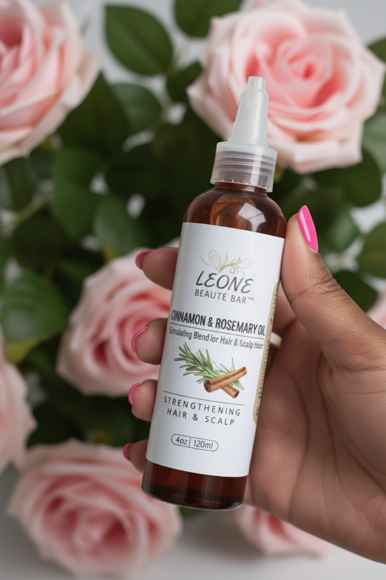 Hand holding a bottle of Leone Beauty Bar hair care product with pink roses in the background