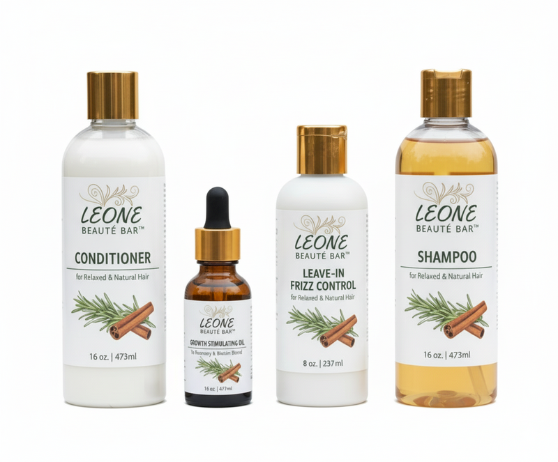 Set of Leone Beaute Bar hair care products including shampoo, conditioner, growth stimulant oil, and leave-in frizz control on a white background.